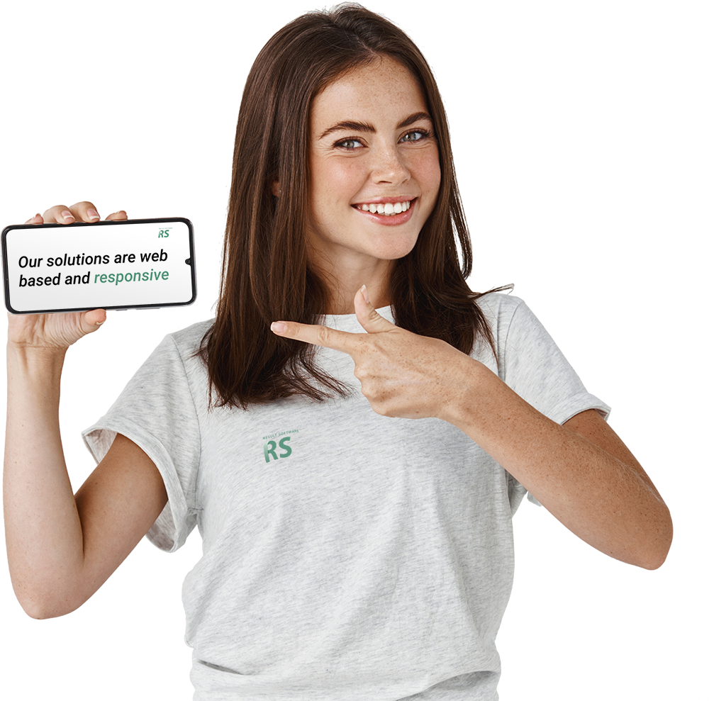 Woman holds smartphone with message Result Software